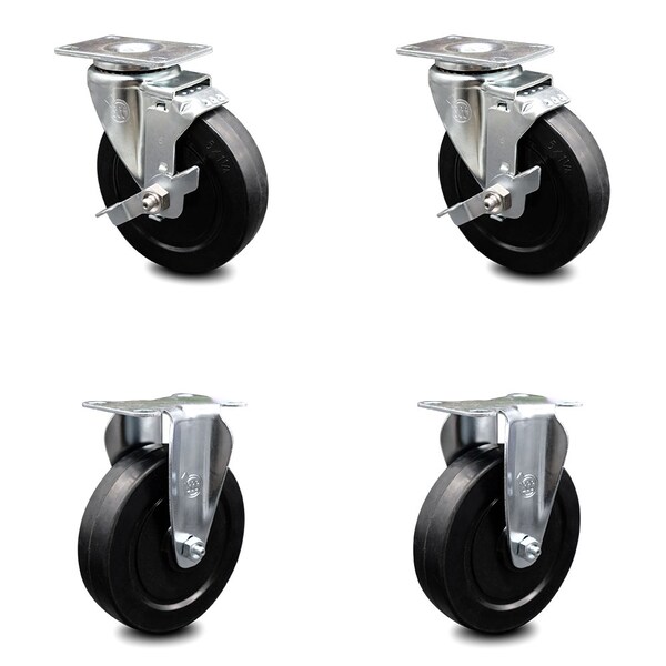 5 Inch Soft Rubber Wheel Swivel Top Plate Caster Set with 2 Brake 2 Rigid SCC